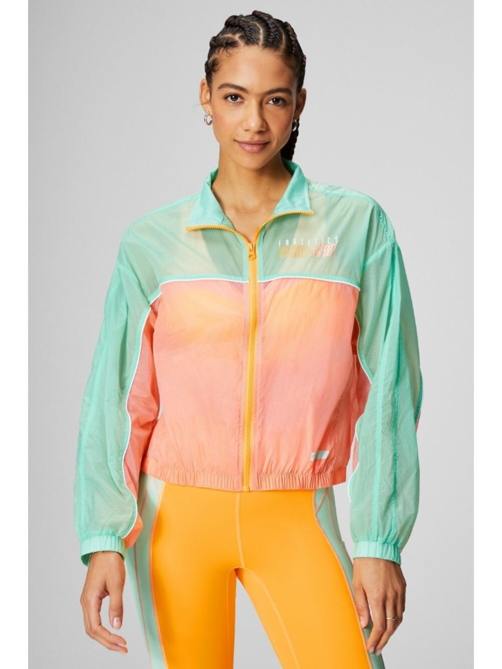 Fabletics Orange Seafoam Colorblock Zip-Up Payton Jacket, Size L